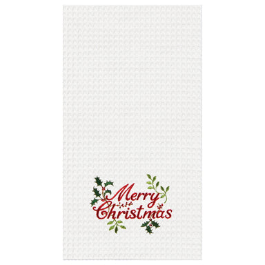 Merry Christmas Holly Embroidered Waffle Weave Kitchen Towel    