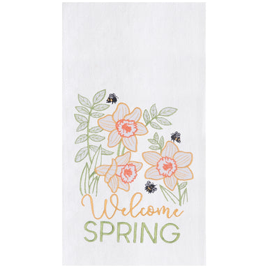 Welcome Spring Embroidered Daffodil Flour Sack Kitchen Towel    