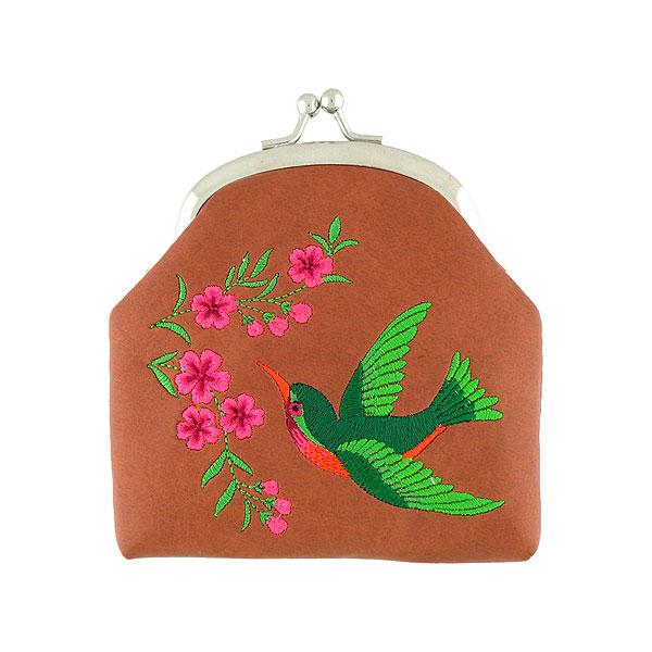 Lavishy Embroidered Hummingbird & Flower - Vegan Coin Purse Brown .  3272126.1