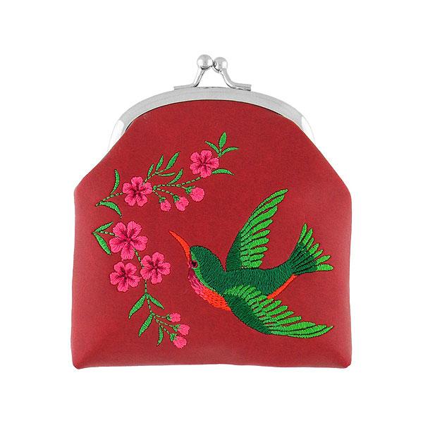 Lavishy Embroidered Hummingbird & Flower - Vegan Coin Purse Red .  3272126.6