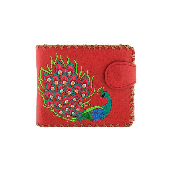 Lavishy Embroidered Peacock - Medium Vegan Wallet Red .  3272132.6