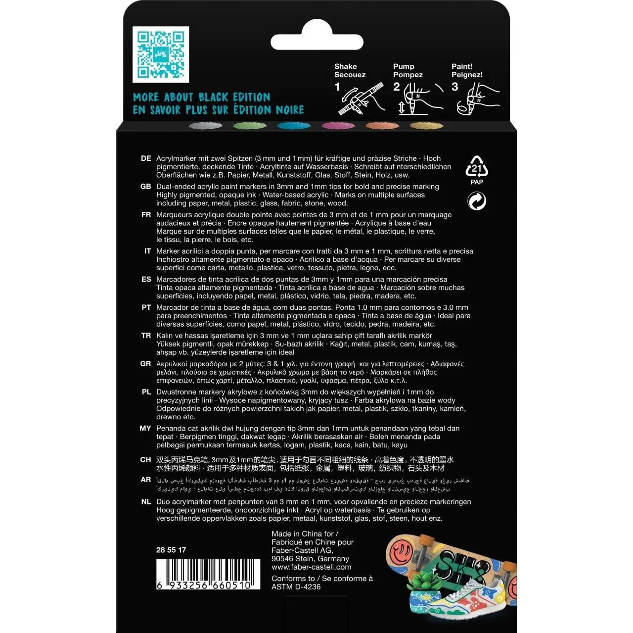 Faber-Castell Black Edition Metallic Shake & Paint Acrylic Markers set of 6