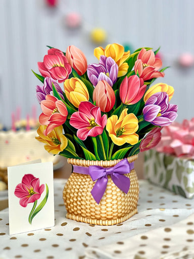 Festive Tulips Pop Up Flower Bouquet Greeting Card    