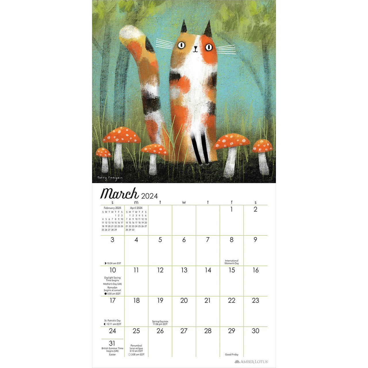Feline Terry Runyan's Cats 2024 Mini Wall Calendar — Bird in Hand