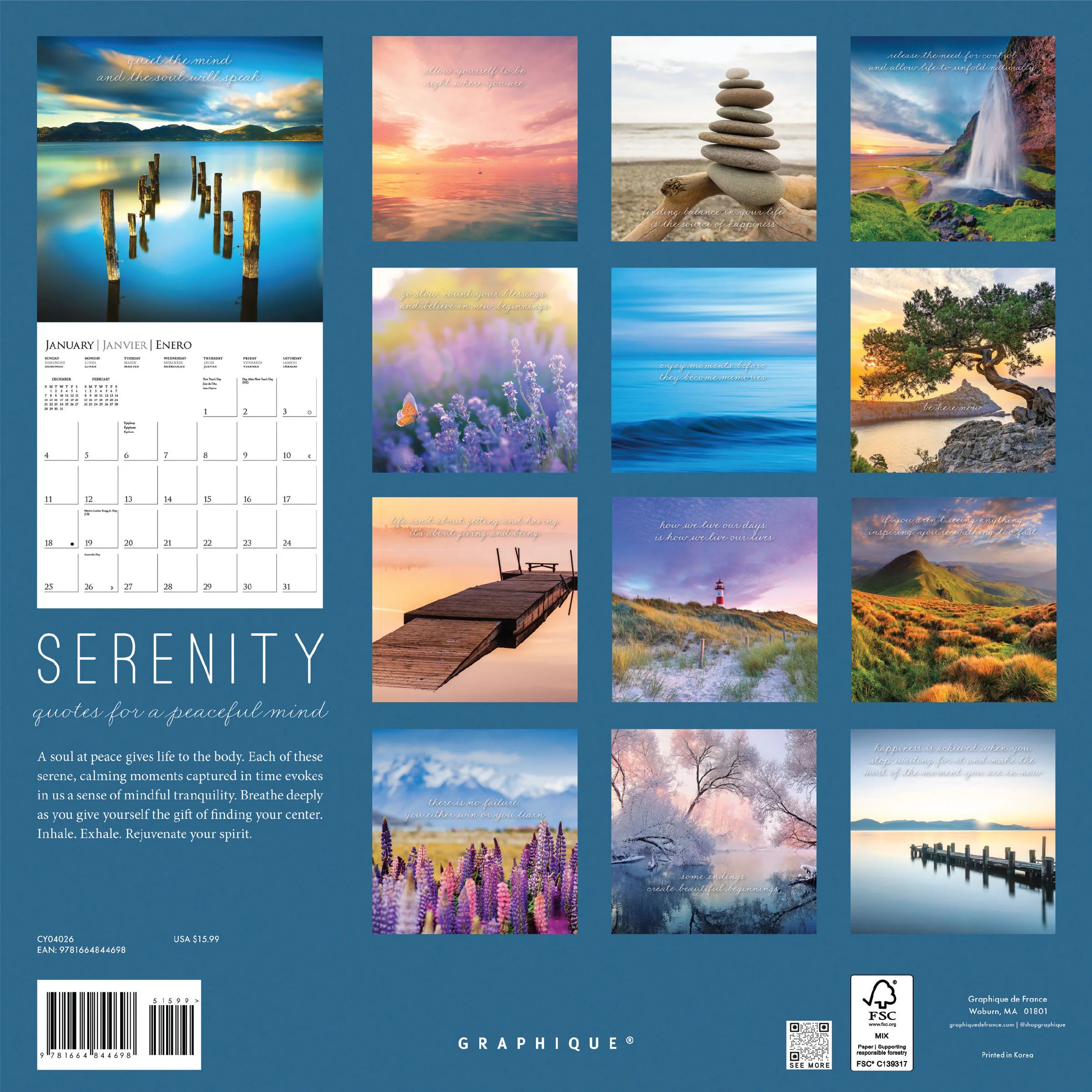 Serenity - Quotes For A Peaceful Mind 2026 Wall Calendar