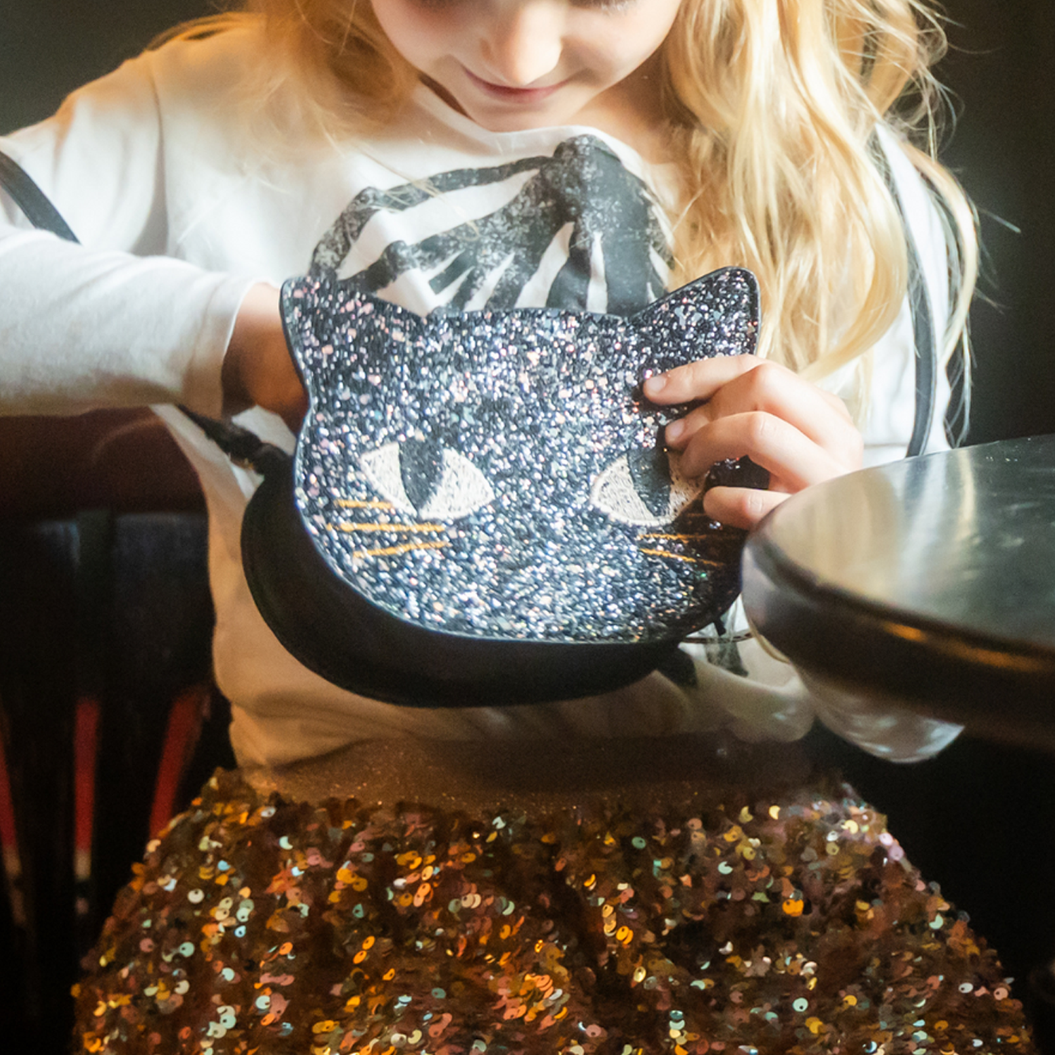 CE Cat's Meow Black Chunky Glitter Kitty Purse