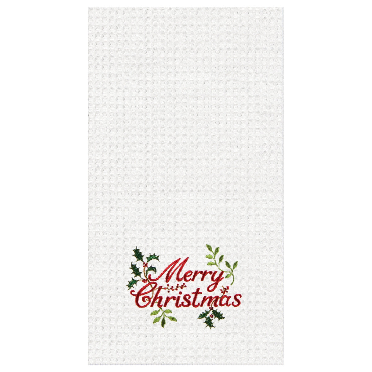 Merry Christmas Holly Embroidered Waffle Weave Kitchen Towel    