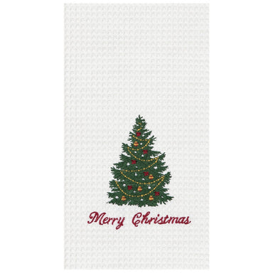 Merry Christmas Tree Embroidered Waffle Weave Kitchen Towel    