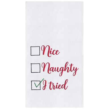 Nice - Naughty - I Tried Embroidered Flour Sack Kitchen Towel    