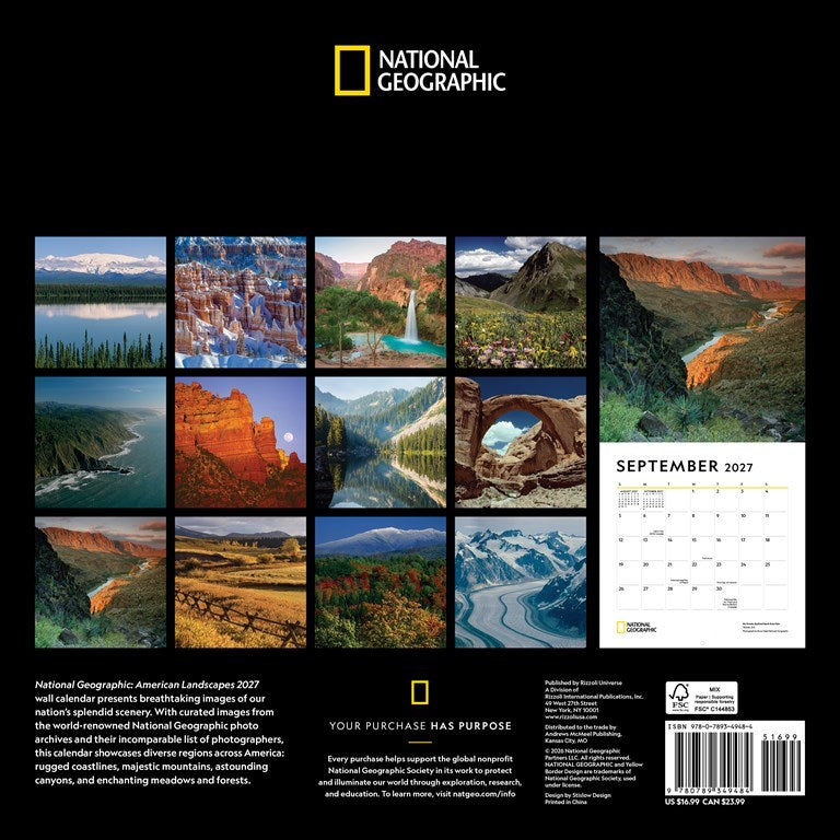 RZZLI National Geographic: American Landscapes 2027 Wall Calendar