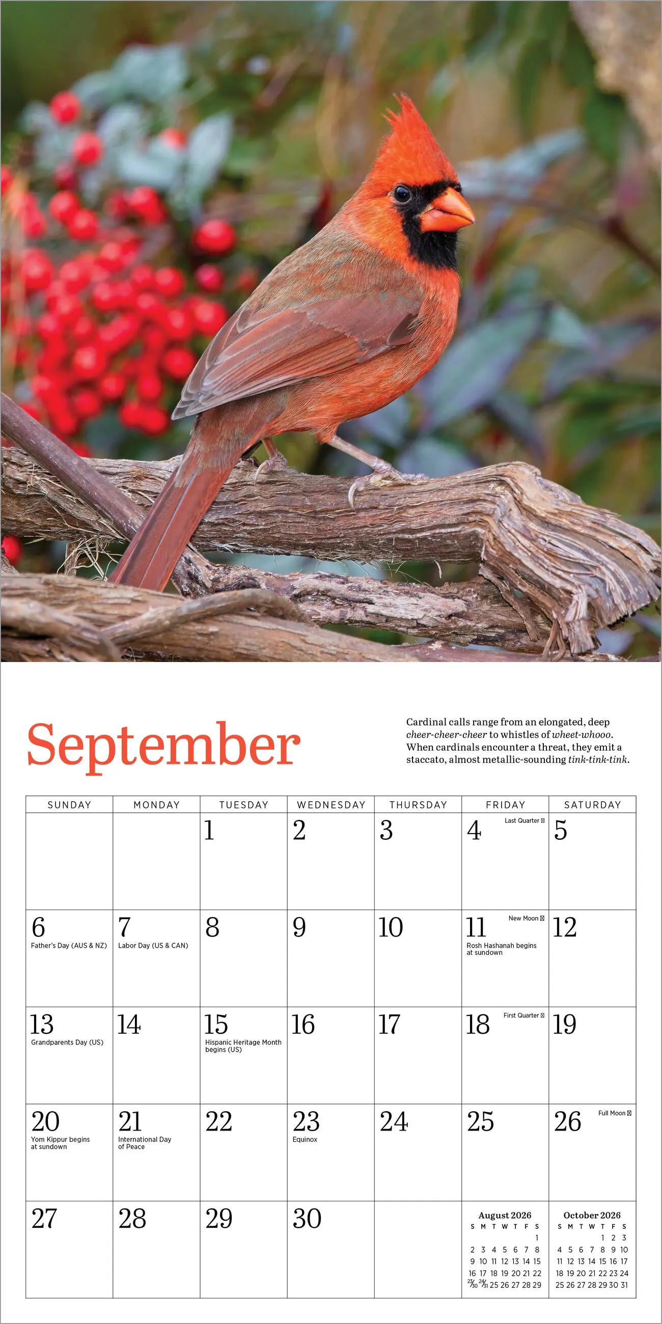 Audubon Cardinals 2026 Mini Wall Calendar