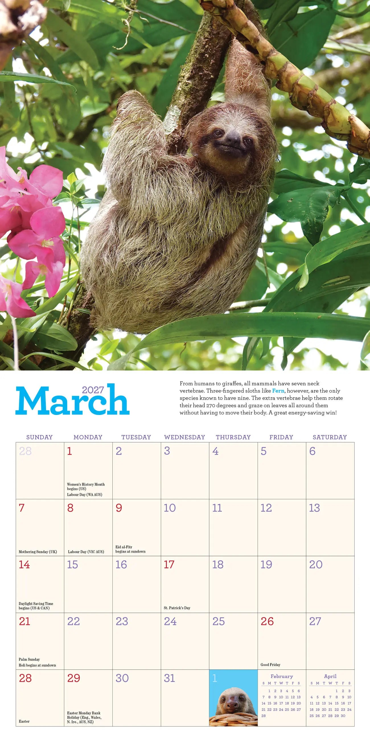 WRK Original Sloths 2027 Mini Wall Calendar