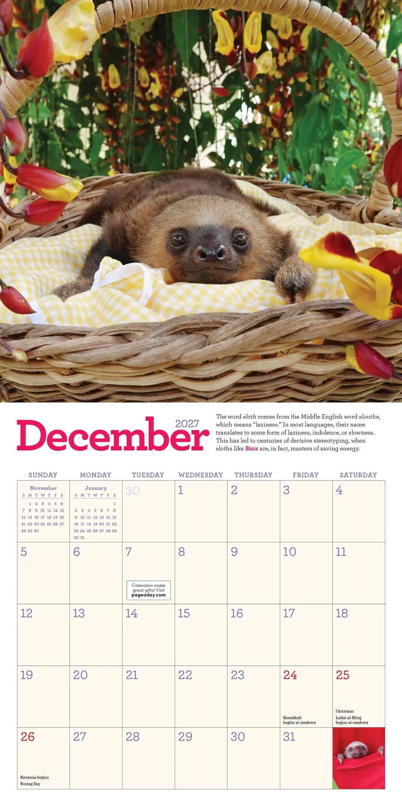 WRK Original Sloths 2027 Mini Wall Calendar