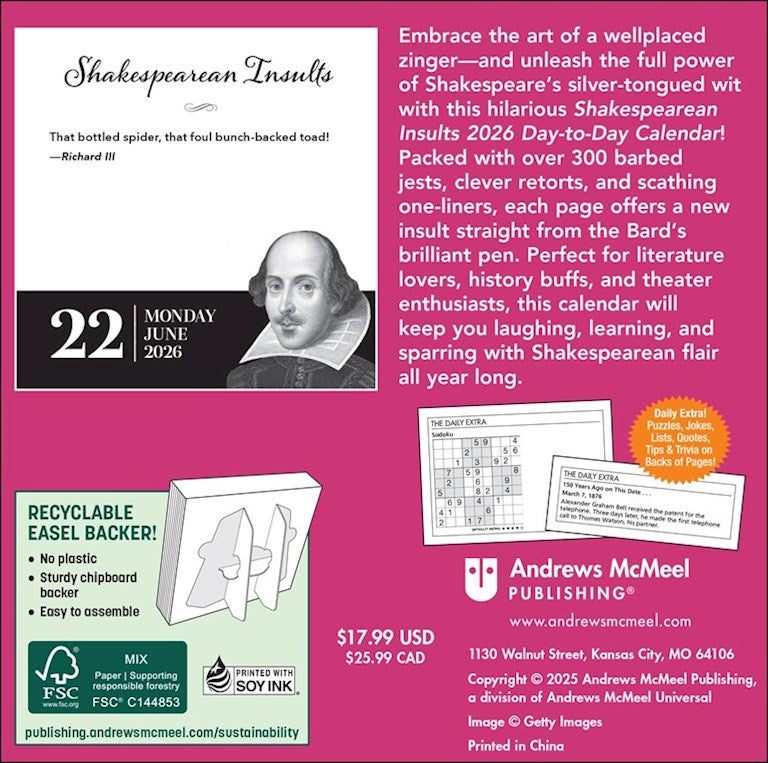 Shakespearean Insults 2026 Day-to-Day Calendar
