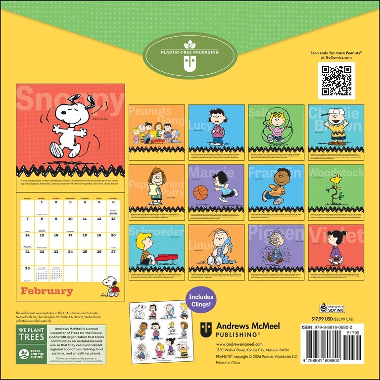 Peanuts 2027 Wall Calendar with Static Cling Decals