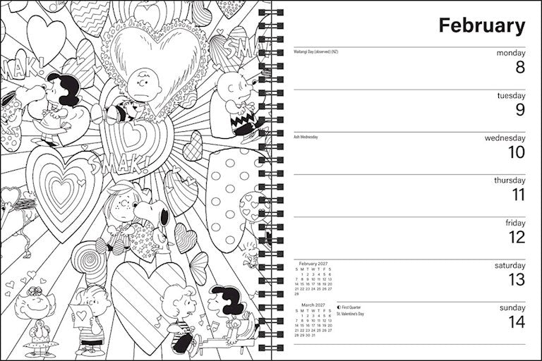 Peanuts 2027 Monthly/Weekly Coloring Engagement Calendar with Stickers to Color