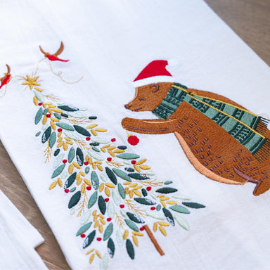 Sara Miller Bear Decorating Tree Embroidered Flour Sack Dish Towel