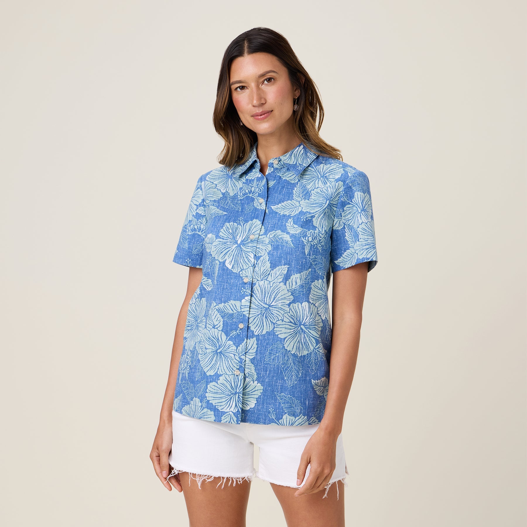 Reyn Spooner Women's Aloha Biscus Abby Short Sleeve Camp Shirt Blue Horizon S 805766356701