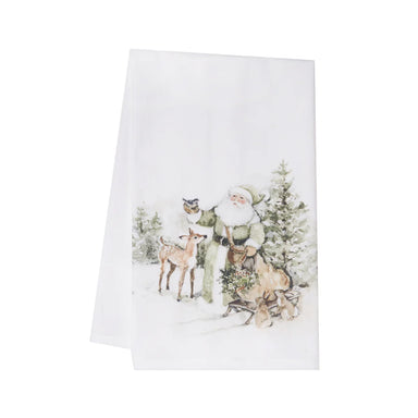 Sage Woodland Santa & Animals Printed Flour Sack Kitchen Towel