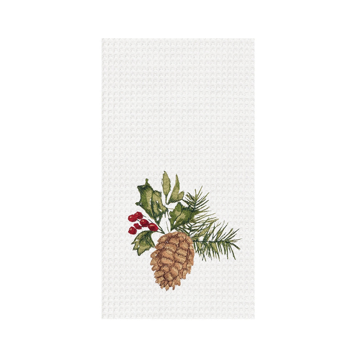 Pinecone and Greenery Embroidered Waffle Weave Kitchen Towel    