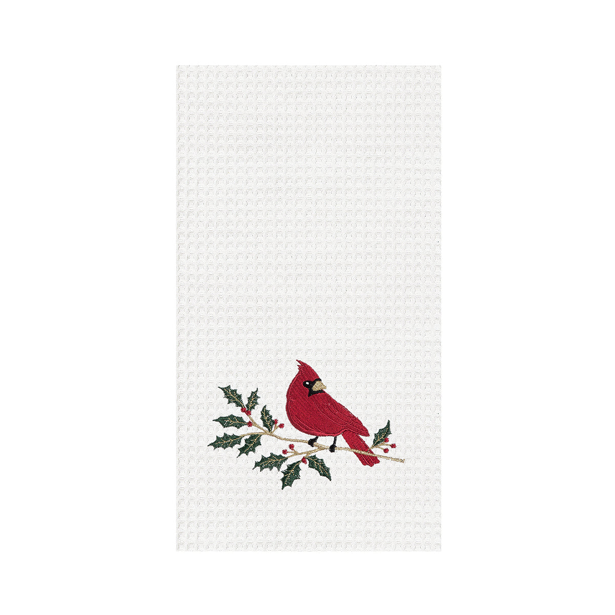 Cardinal Holly Embroidered Waffle Weave Kitchen Towel    