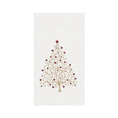 Gold and Red Tree Embroidered Waffle Weave Kitchen Towel    