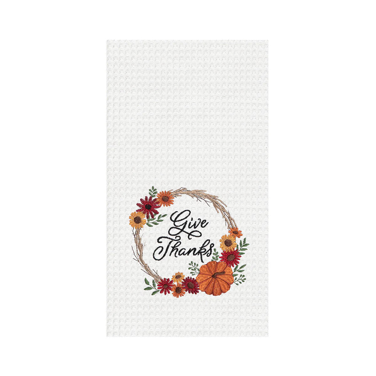 Give Thanks Wreath Embroidered Waffle Weave Kitchen Towel