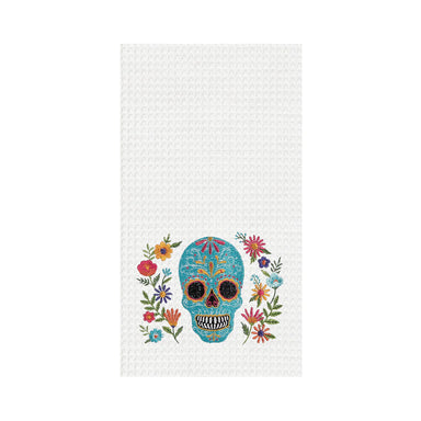 Aqua Sugar Skull Waffle Weave Kitchen Towel