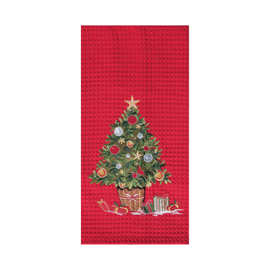 Tree With Presents Embroidered Red Waffle Weave Kitchen Towel    