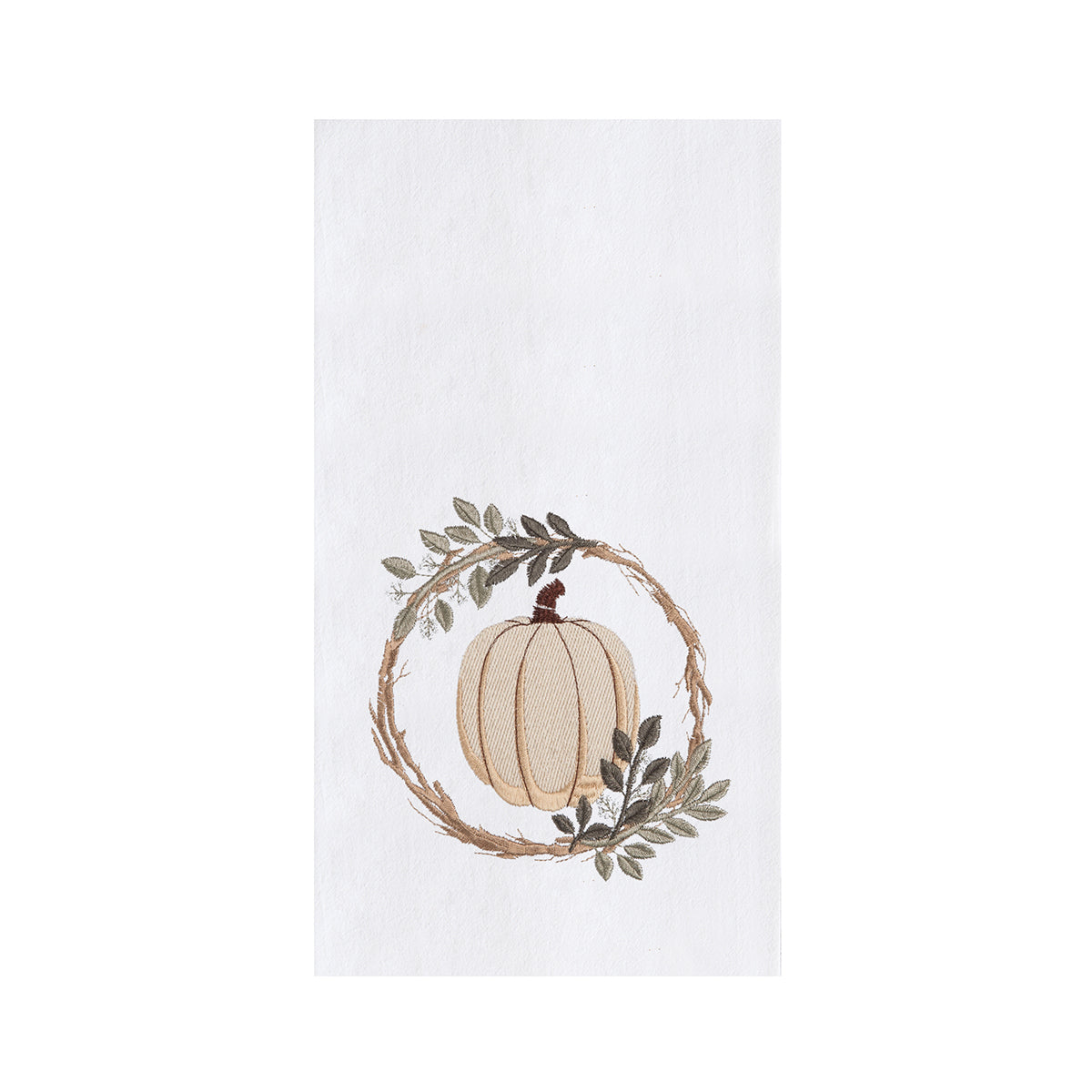 Cream Pumpkin With Twig Wreath Embroidered Flour Sack Kitchen Towel    