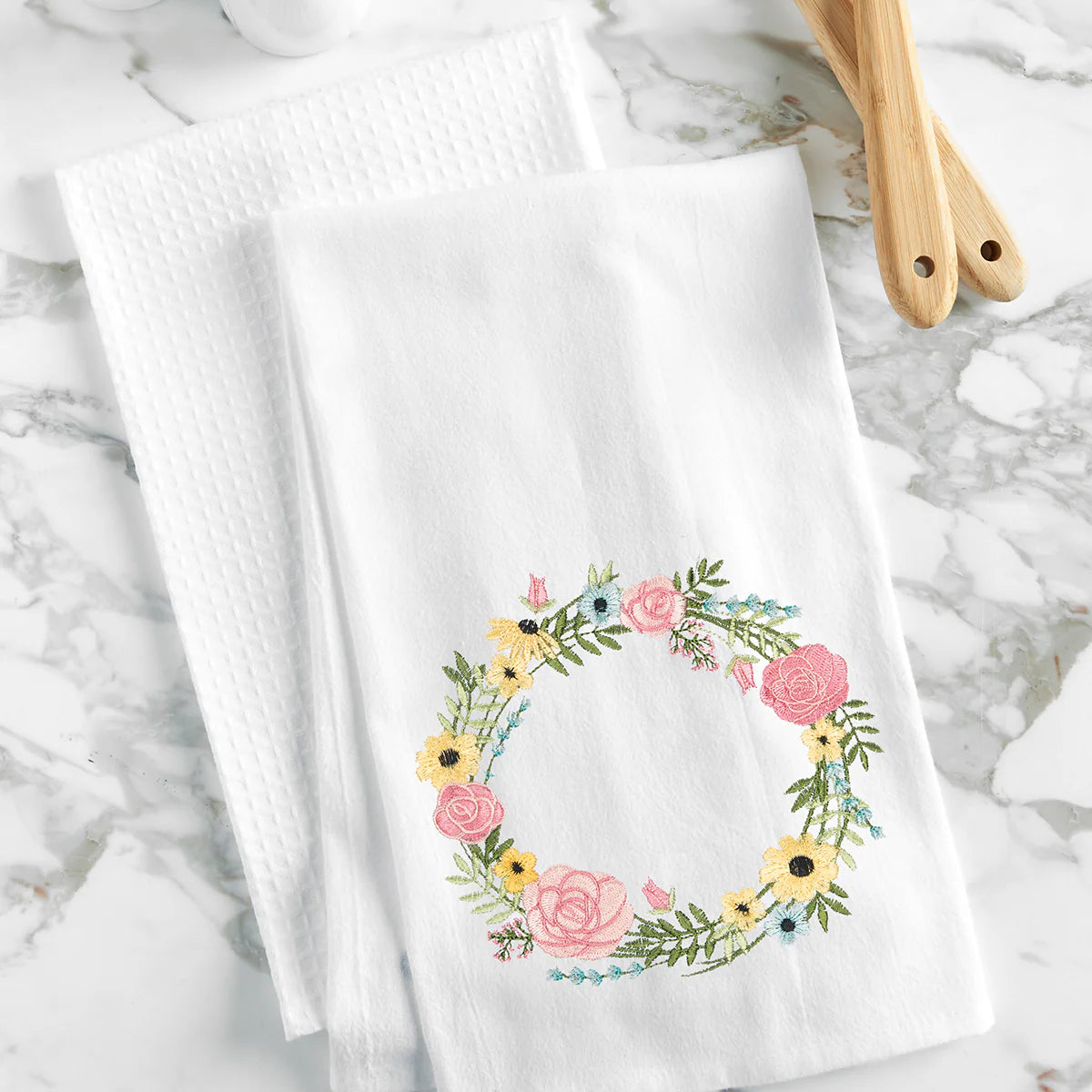 Wildflower Wreath Embroidered Flour Sack Kitchen Towel