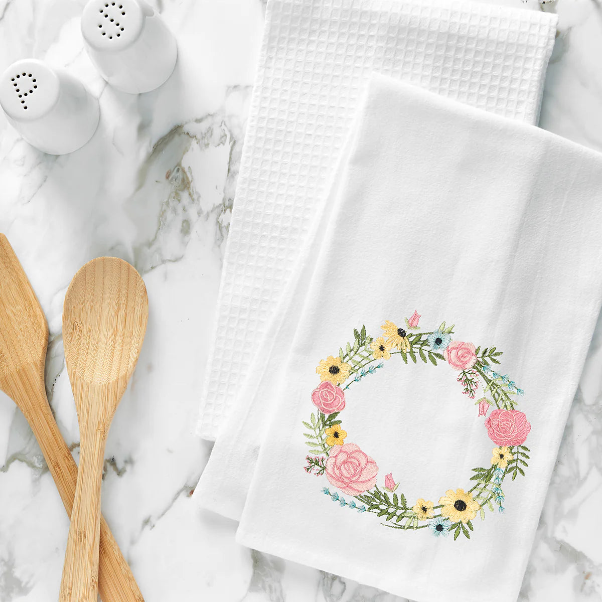 Wildflower Wreath Embroidered Flour Sack Kitchen Towel