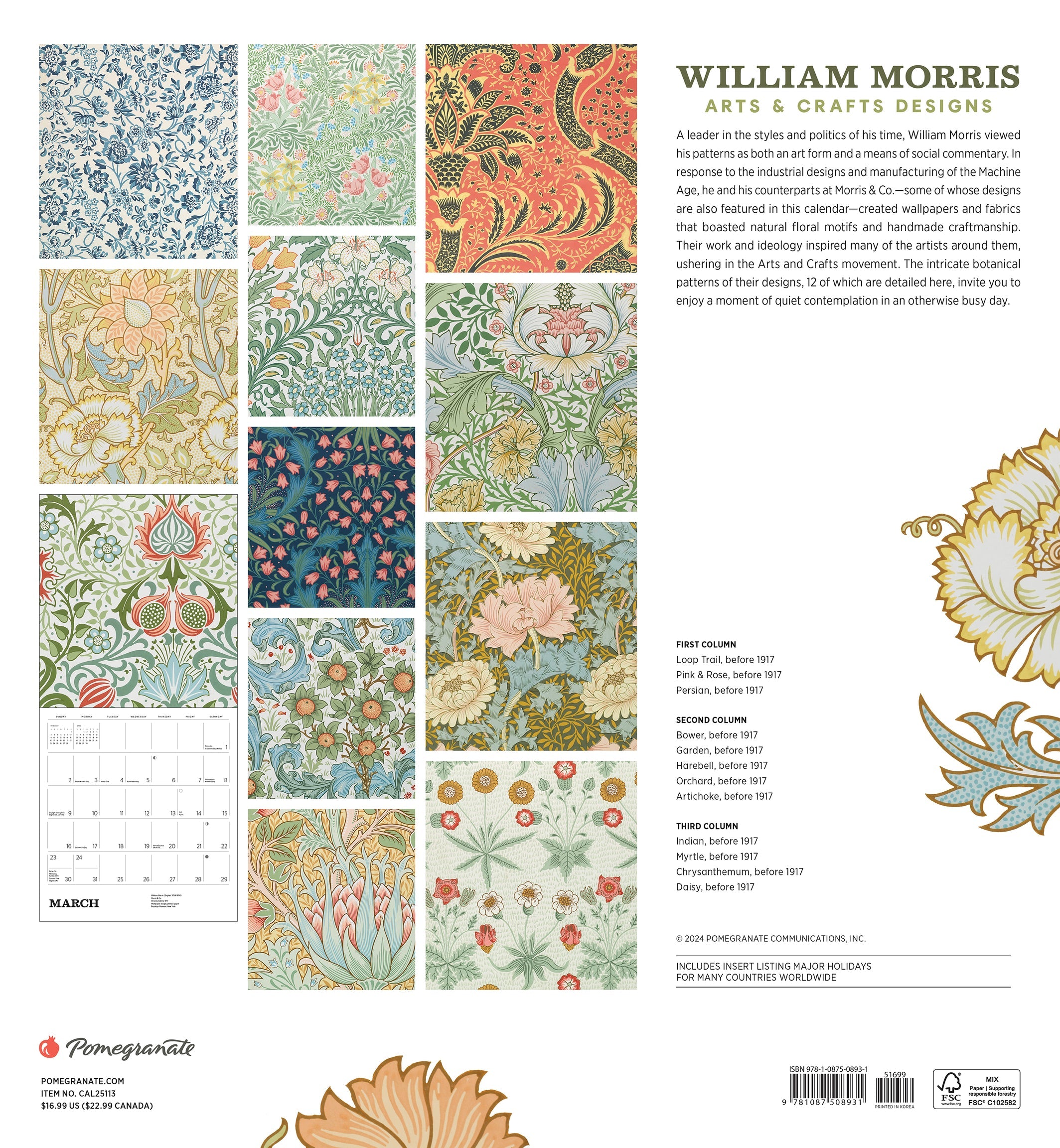 William Morris Arts & Crafts Designs 2025 Wall Calendar    