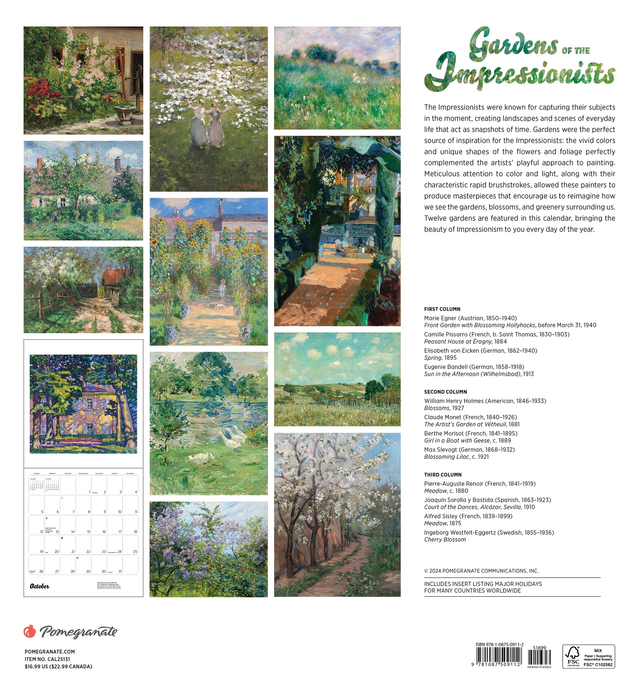 Gardens of The Impressionists 2025 Wall Calendar    