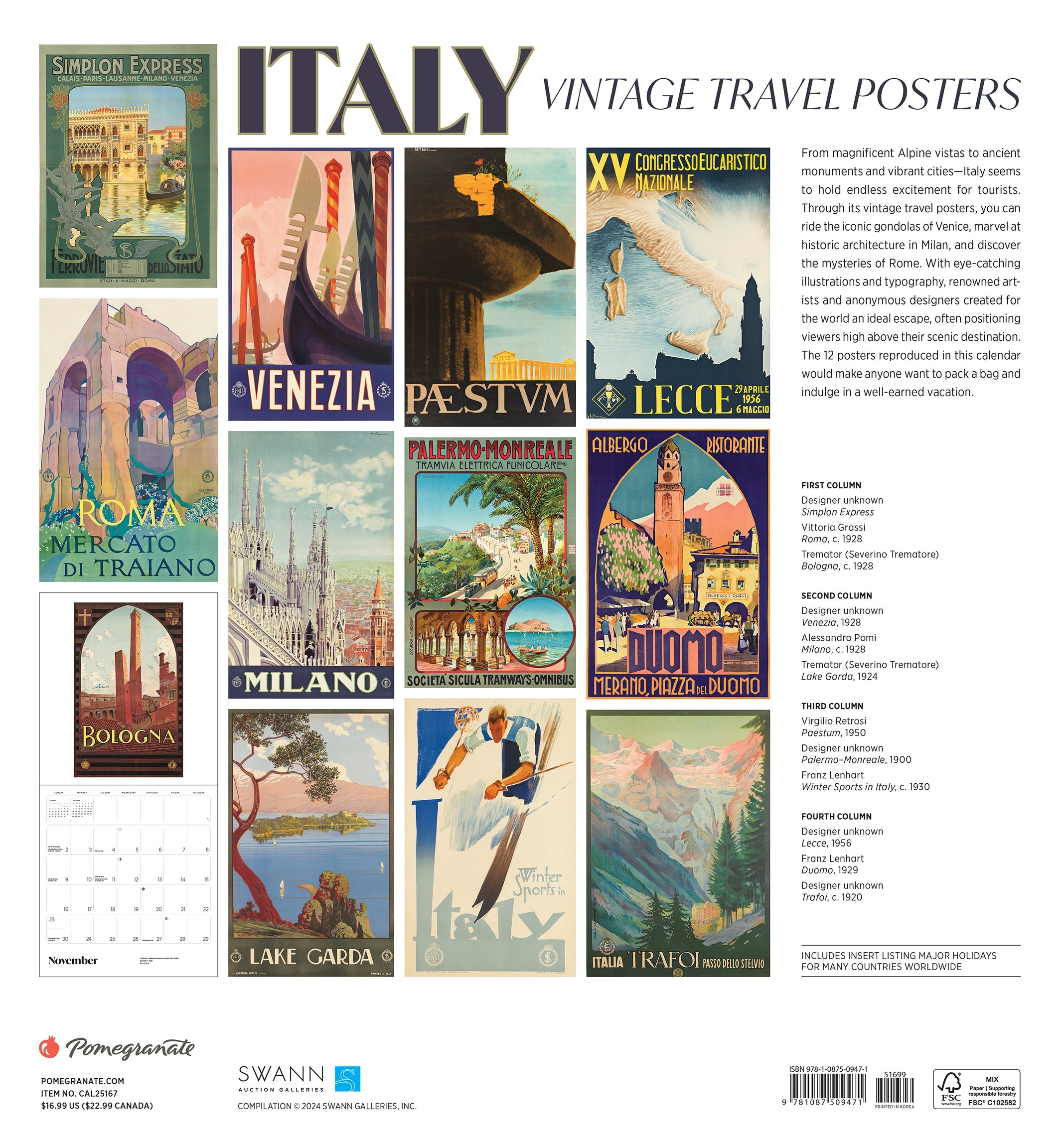 Italy Vintage Travel Posters 2025 Wall Calendar    