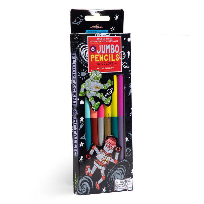 Silver Robots 6 Jumbo Pencils - Double Sided Fluorescent & Metallic