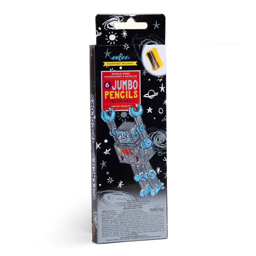 Silver Robots 6 Jumbo Pencils - Double Sided Fluorescent & Metallic
