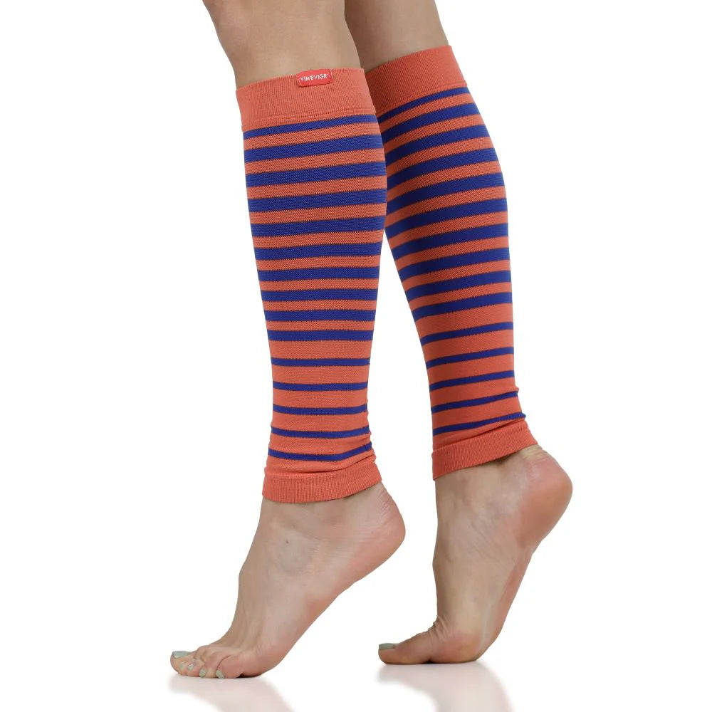 VIM & VIGR Indigo and Orange Falling Stripe Nylon Compression Leg Sleeves - 15-20 mmHg