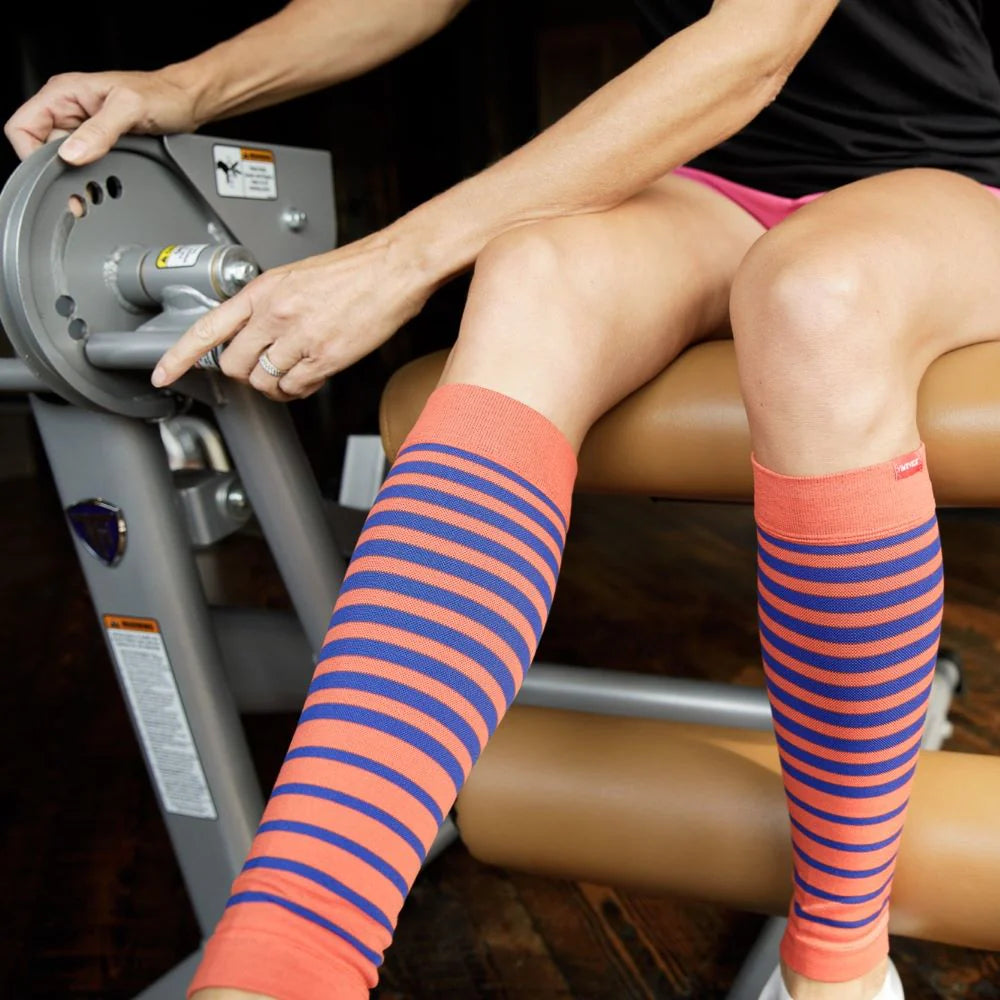 VIM & VIGR Indigo and Orange Falling Stripe Nylon Compression Leg Sleeves - 15-20 mmHg