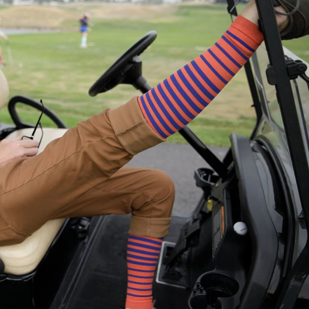 VIM & VIGR Indigo and Orange Falling Stripe Nylon Compression Leg Sleeves - 15-20 mmHg