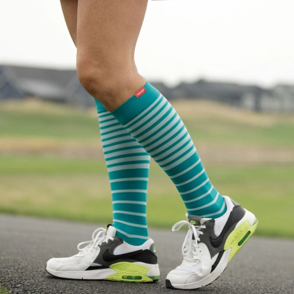 V&V Turquoise and Teal Falling Stripe Nylon Compression Socks - 15-20 mmHg