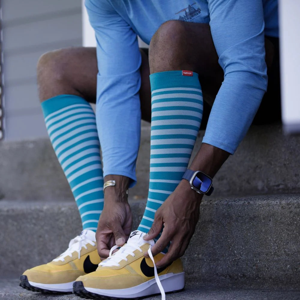 V&V Turquoise and Teal Falling Stripe Nylon Compression Socks - 15-20 mmHg