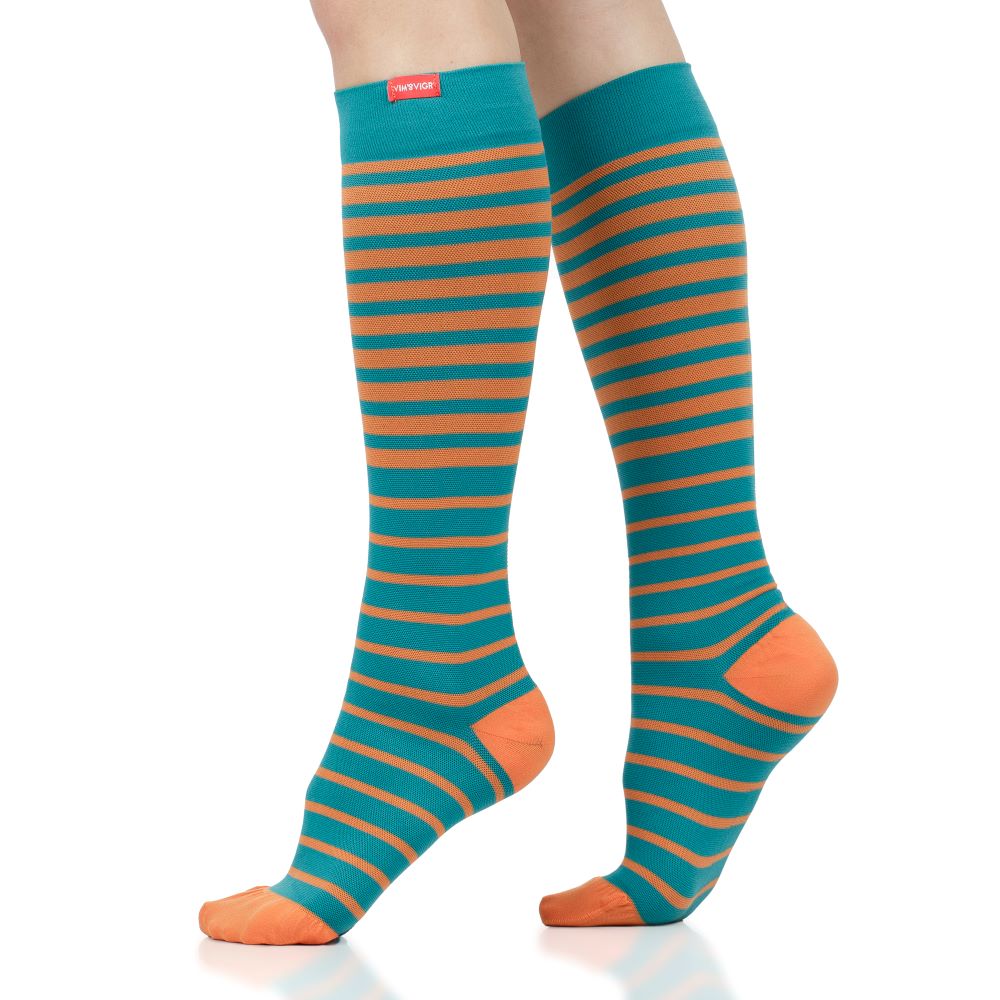 VIM & VIGR Turquoise and Orange Falling Stripe Nylon Compression Socks - 15-20 mmHg
