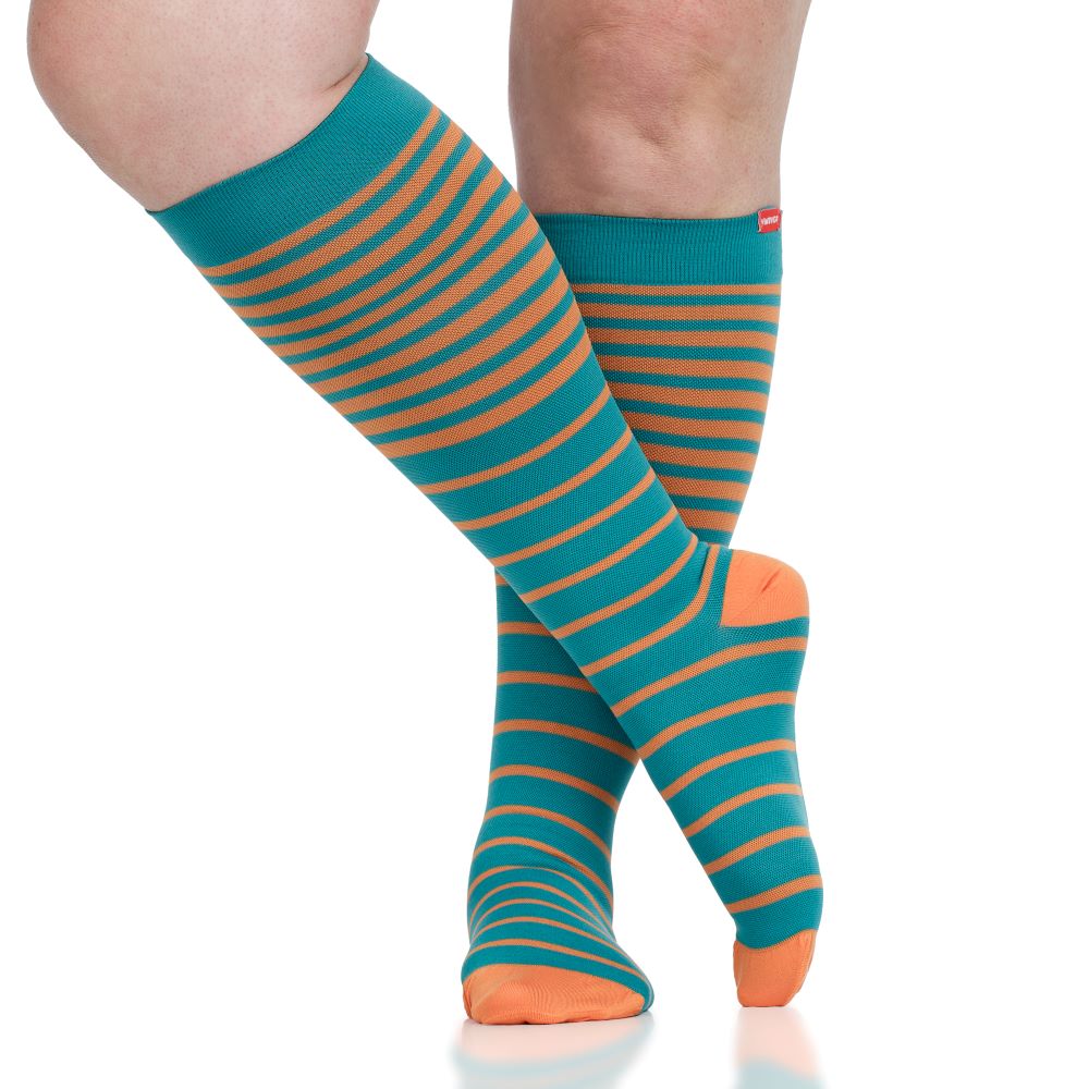 VIM & VIGR Turquoise and Orange Falling Stripe Nylon Compression Socks - 15-20 mmHg