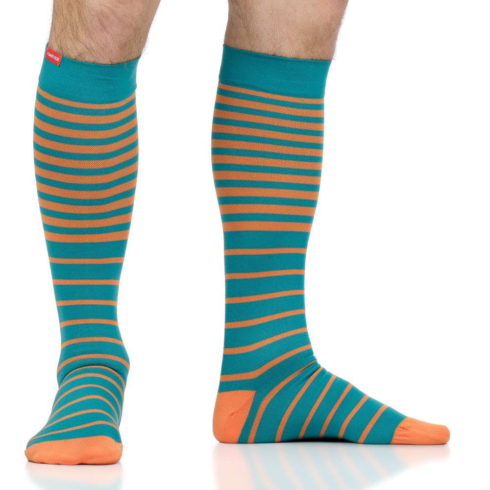 VIM & VIGR Turquoise and Orange Falling Stripe Nylon Compression Socks - 15-20 mmHg