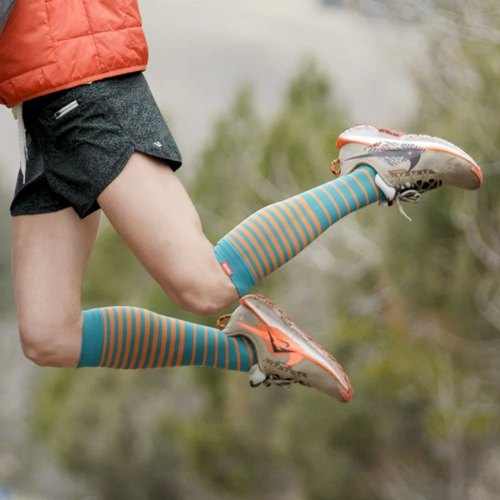 VIM & VIGR Turquoise and Orange Falling Stripe Nylon Compression Socks - 15-20 mmHg