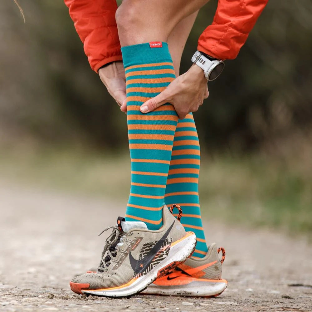 VIM & VIGR Turquoise and Orange Falling Stripe Nylon Compression Socks - 15-20 mmHg