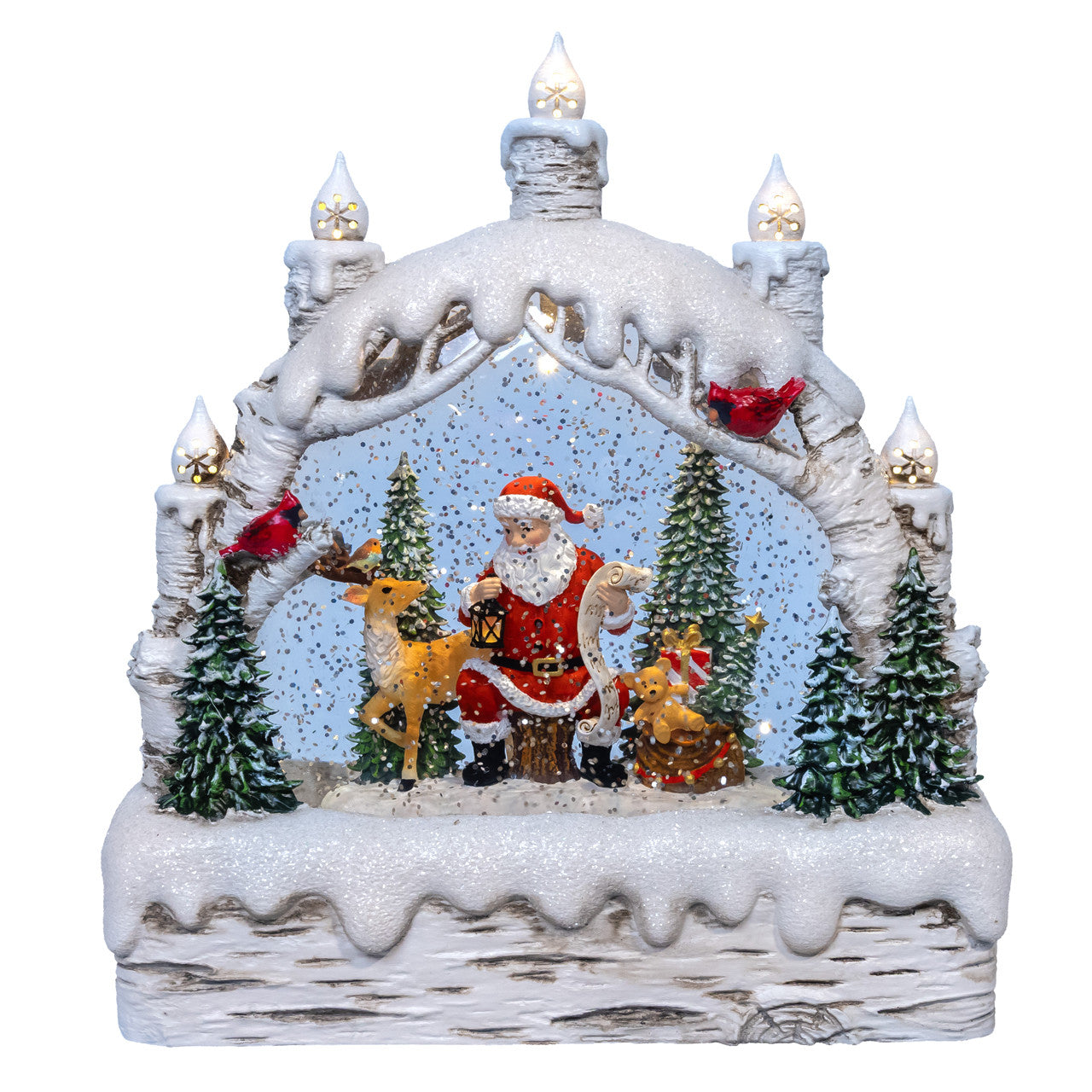 Birch Tree with Santa and Candles 9" LED Water Lantern