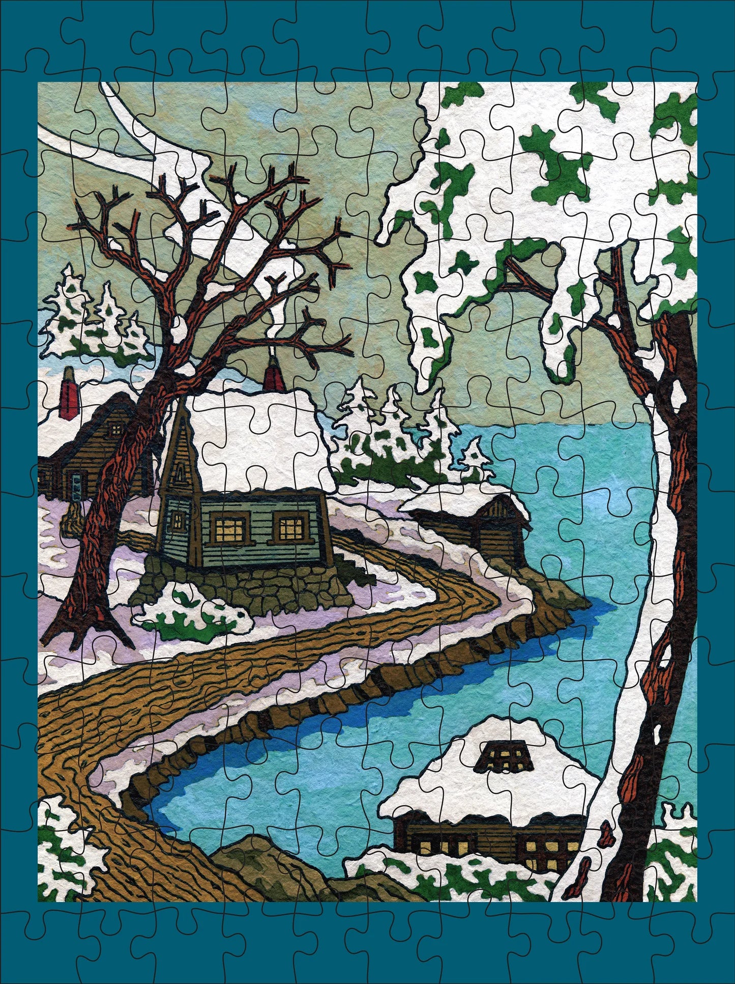 CJ Hurley Snowy Cabins 120-Piece Double-Sided Puzzle Set