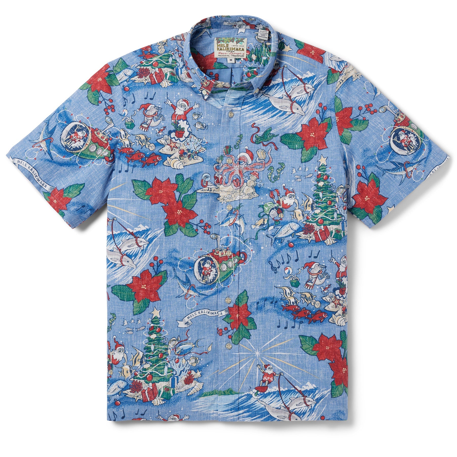 Reyn Spooner Hawaiian Christmas 2024 Camp Shirt Blue M  805766313285